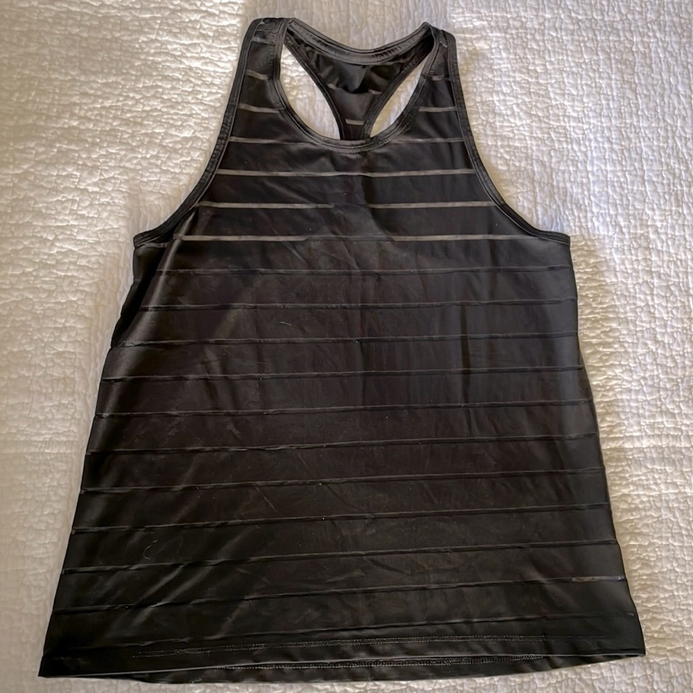 Black Racerback Tank Top with Solid/Mesh Stripes, Small, EUC